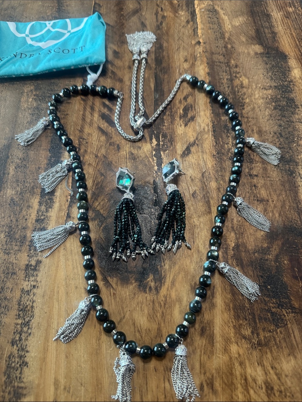Kendra Scott Black Beaded Tassel Necklace with Silver Tassel Accents